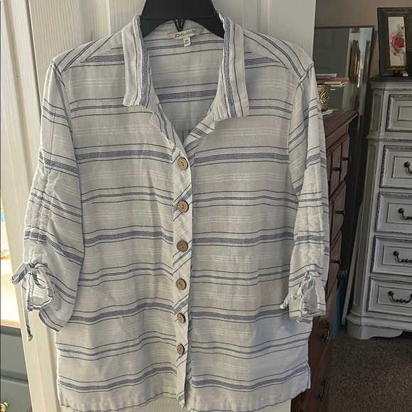 John Mark White Navy Stripes SZ M Cotton Blend Button Tunic Top - Picture 1 of 7